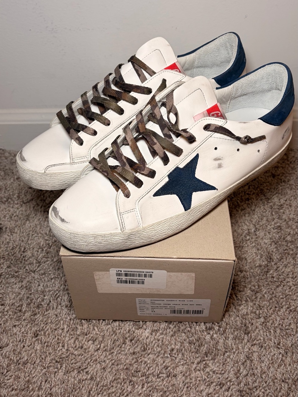 Golden Goose White Leather Sneakers with Navy Star and Heel